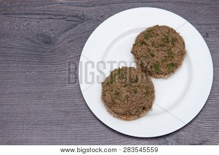 Fresh Homemade Chicken, Pork, Beef Liver Pate Or Paste On Bread On Rustic Background