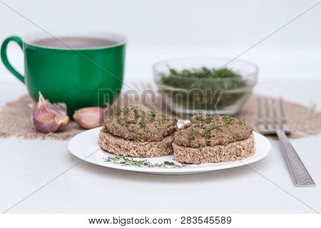 Fresh Homemade Chicken, Pork, Beef Liver Pate Or Paste On Bread On White Background