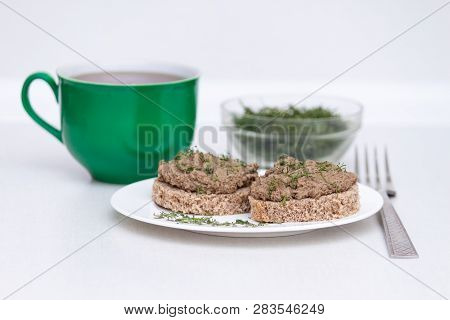 Fresh Homemade Chicken, Pork, Beef Liver Pate Or Paste On Bread On White Background