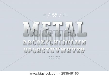 Stock Vector Silver Colored And Metal Chrome Slab Serif Font. Letters For Sport Logo And Headline De