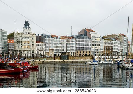 Port Marina And Buildings In Center Of Coruna Spain.