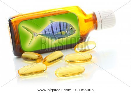 Brown bottle with fish oil. Health care concept.