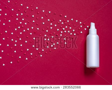 Abstract Red Valentines Day Flat Lay. Top View Card. Spraying Little Hearts