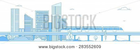 Subway Cityscape. Monorail Metro Train In Megapolis Futuristic Panorama. Underground Transportation 