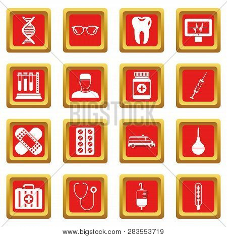 Medicine Icons Set In Red Color Isolated Illustration For Web And Any Design