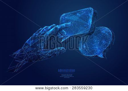 Human Hand Touch On Dialogue Clouds.
Low Poly Wireframe Vector Illustration.
Concept Of Social Netwo