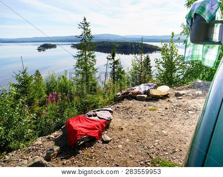Camper Van Motor Home On Fjord Lake Shore In Summer. Camping On Norwegian Nature. Holidays And Trave