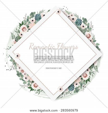 Floral Wreath With Green Eucalyptus Leaves, Flower Rose, Anemone . Frame Border With Copy Space.