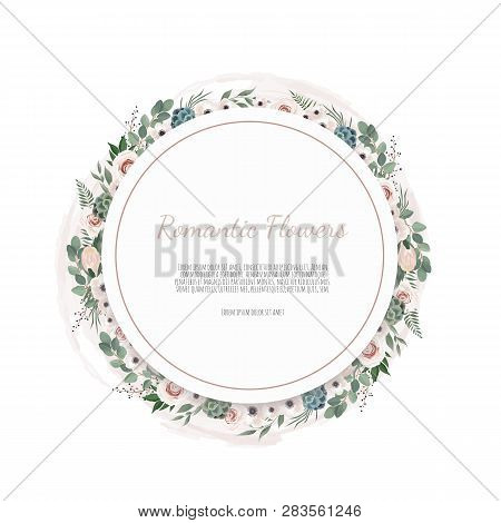 Floral Wreath With Green Eucalyptus Leaves, Flower Rose, Anemone . Frame Border With Copy Space.