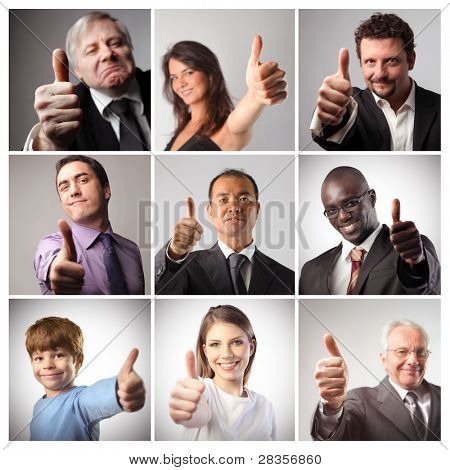 Sammensætning af tilfredse mennesker med thumbs up