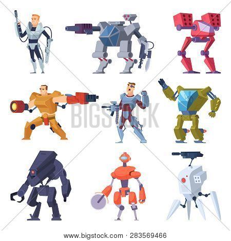 Combat Robots. Armor Transformers Android Protective Electronic Soldier Future Weapon Vector Charact