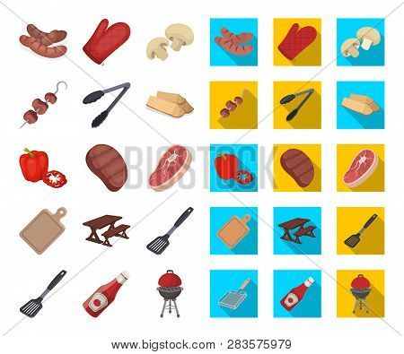 Barbecue And Equipment Cartoon, Flat Icons In Set Collection For Design. Picnic And Fried Food Vecto