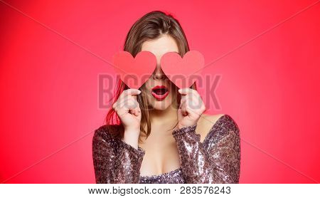 Woman In Stylish Dress Hold Symbol Love. Romantic Mood. Girl In Love Dating. Obsession Concept. Fall