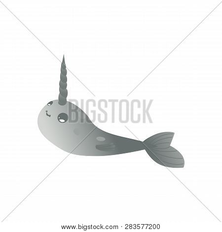 Vector Cute Narwhal Character With Horn Flat Icon