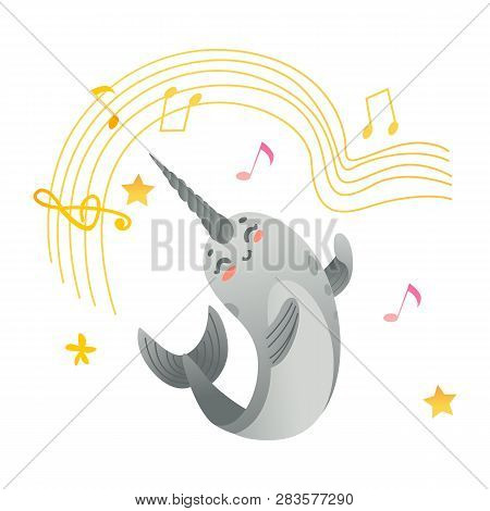 Vector Cute Narwhal Character With Horn Flat Icon