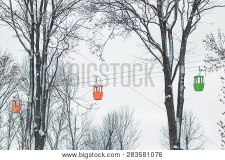 Group Of Cable Cars In The Air, Winter Season