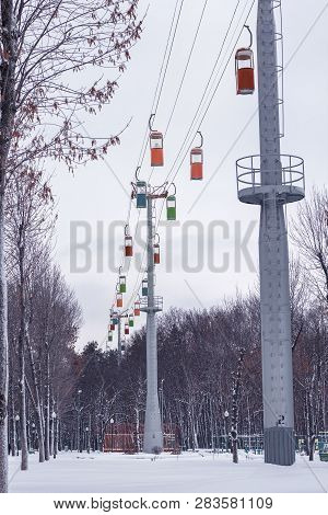 Group Of Cable Cars In The Air, Winter Season
