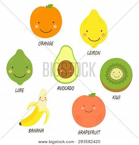 Cute Smiling Kawaii Cartoon Characters Of Fruits