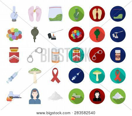 Drug Addiction And Attributes Cartoon, Flat Icons In Set Collection For Design. Addict And Drug Vect