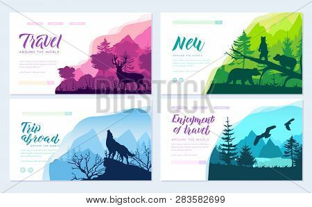Wild Life In Nature Vector Brochure Cards Set. Animals Template Of Flyear, Magazines, Poster, Book C