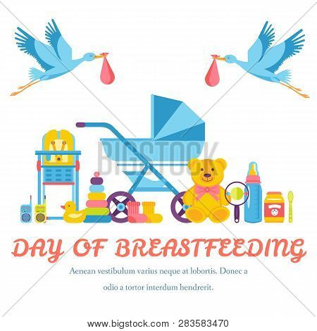 World Breastfeeding Week And Kids Elements Flat Icon Set Concept. Child Illustrations Design