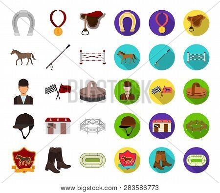 Hippodrome And Horse Cartoon, Flat Icons In Set Collection For Design. Horse Racing And Equipment Ve