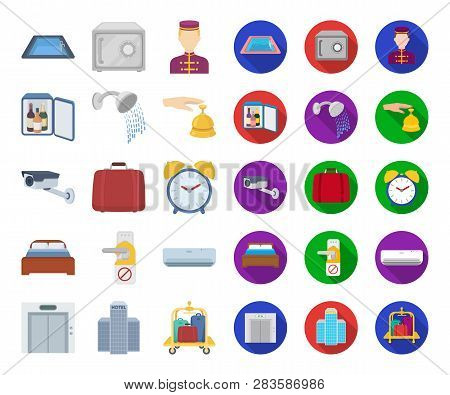 Hotel And Equipment Cartoon, Flat Icons In Set Collection For Design. Hotel And Comfort Vector Symbo