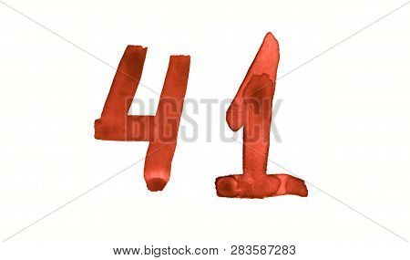 The Number 41, Painted With A Brush In Watercolor. Vintage Symbol Made By Hand.