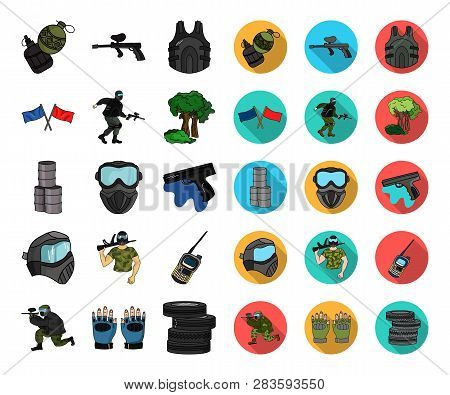 Paintball, Team Game Cartoon, Flat Icons In Set Collection For Design. Equipment And Outfit Vector S