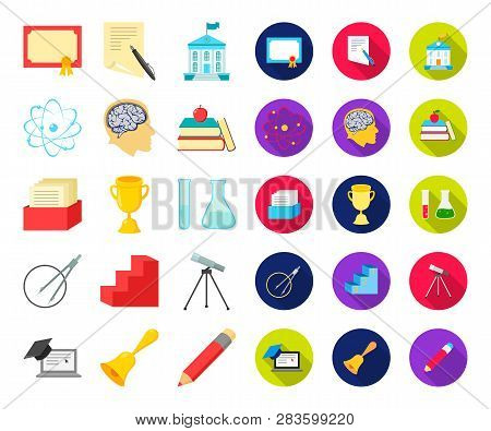 School And Education Cartoon, Flat Icons In Set Collection For Design.college, Equipment And Accesso