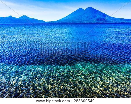 Atitlan & Toliman Volcanoes On Lake Atitlan In Guatemalan Highlands