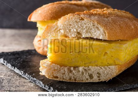Bocadillo De Tortilla Española. Spanish Potato Omelette Sandwich. Close Up