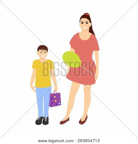 Mom And Son Shopping From The Sale On White Background