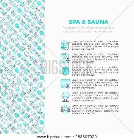 Spa, Sauna Concept With Thin Line Icons: Massage Oil, Towels, Steam Room, Shower, Pail And Ladle, Hy