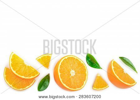 Orange With Leaves Isolated On White Background With Copy Space For Your Text. Top View. Flat Lay