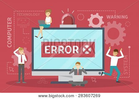 System Error. People Run In Panic From Computer