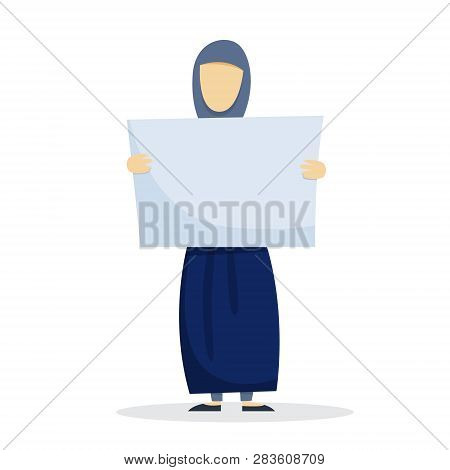 Arab Woman In Hijab Holding Banner. Empty