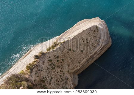 Sandstone Formations And Cliffs Along Cape Drastis Coastline. Corfu Island, Greece.