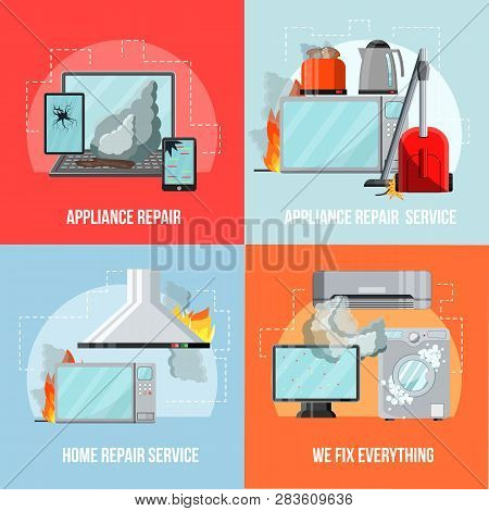 Modern Flat Repair Service Concept-damaged Consumer Electronics Home Appliances,vector Banners Set.b