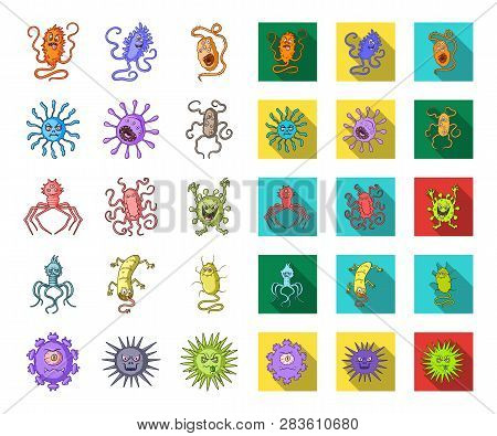 Types Of Funny Microbes Cartoon, Flat Icons In Set Collection For Design. Microbes Pathogenic Vector