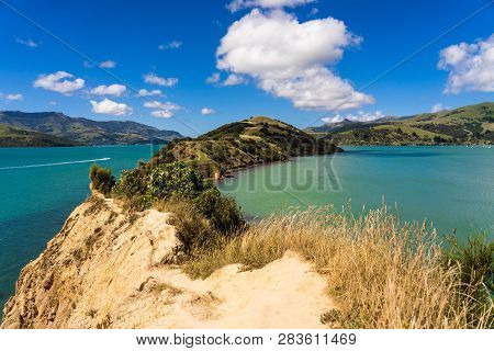 view from the onawe track in New Zealand, amazing ocean bay in akaroa New Zealand, onawe walkway wit