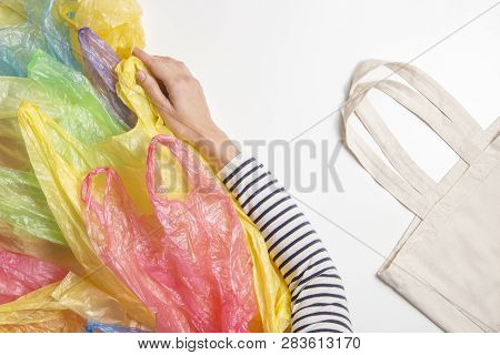 Woman Refuses Single Use Plastic Bags And Choose Reusable Shopping Bag. No Plastic, Environmental, P