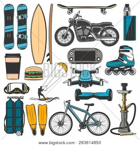 Modern Leisure, Sport Hobby Lifestyle Entertainment Items. Vector Snowboard, Surfboard And Skateboar