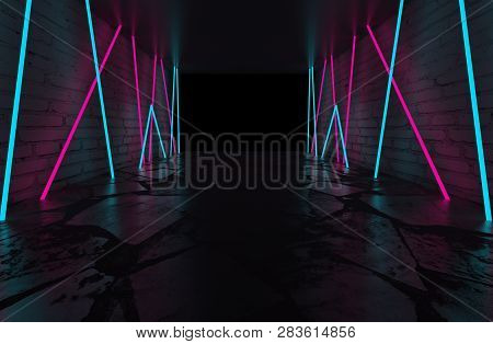 Background Of Empty Room, Concrete Floor And Walls, Tiles. Multicolored Laser Lines, Neon Light, Smo