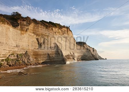 Beautiful Coastline With Cliffs In Corfu, Greece. Unique Geological Formations In Peroulades Region.