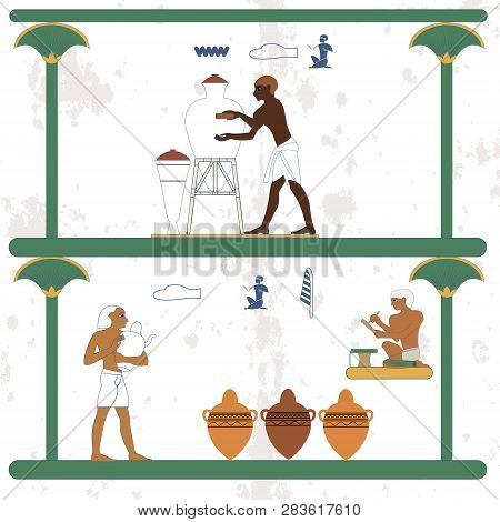 Ancient Egypt Background. Ceramist At Work. Scribe And Ceramist Counting Jugs. Historical Background