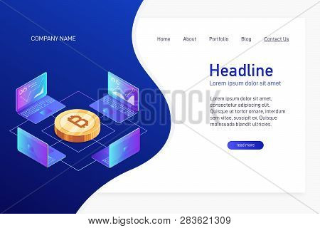 Concept Of Web Site Main Page, Landing Page With Isometry. Isometric Concept Of Mining Bitcoin Using