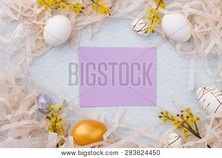 Beautiful Easter Frame And Blank Card. Delicate Easter Composition And Paper Card With Space For Gre