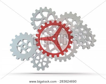 A Cluster Of Interlocking Metal Gears. 3d Rendering