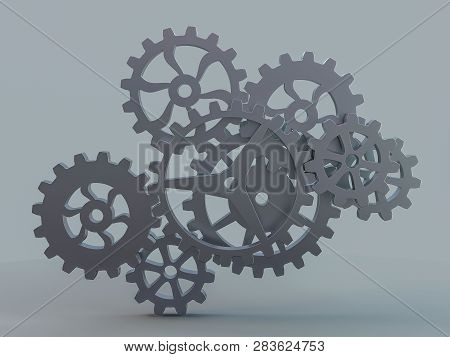A Cluster Of Interlocking Metal Gears. 3d Rendering